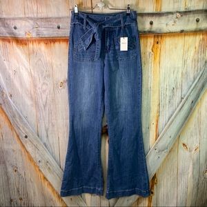 NWT Forever 21 Self Tie Waist Zip Button Bell Bottom Flare Jeans Blue Size 27